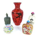 Three Chinese Snuff Bottles plus Cinnabar Vase and Enamel Box.
