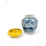 Crackle glaze bowl and blue and white vase.