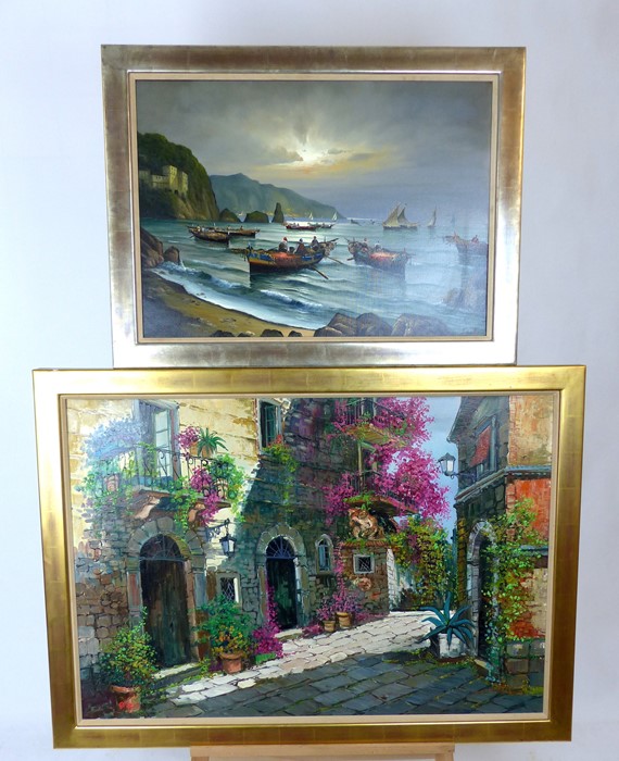 Two Large Early 20th Century Oils, One Depicting A Floral Streetview, One Depicting An Agean Fishing