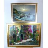 Two Large Early 20th Century Oils, One Depicting A Floral Streetview, One Depicting An Agean Fishing