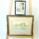 Framed Watercolour Of An Egyptian Scene And A Victorian Print Of A Mother And Daughter Dancing.