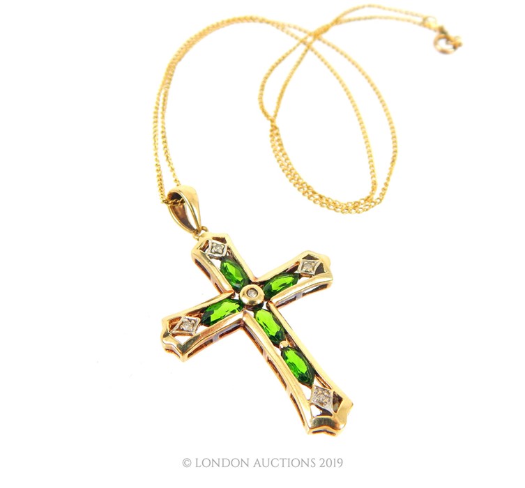 A Vintage 10 Carat Russian Green Dropside Diamond Cross On 9 Carat Chain. - Image 2 of 3