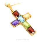 A 14 Carat gold Multi Gemstone Cross Pendant and Chain.