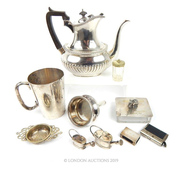 A Quantity Of Plated Silver To Include A Teapot, A Pint Mug Amongst Other Ephemera