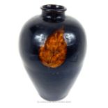 Circa 1900 Chinese Dark Glazed Vase With Leaf Impressions