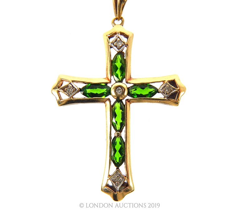 A Vintage 10 Carat Russian Green Dropside Diamond Cross On 9 Carat Chain.