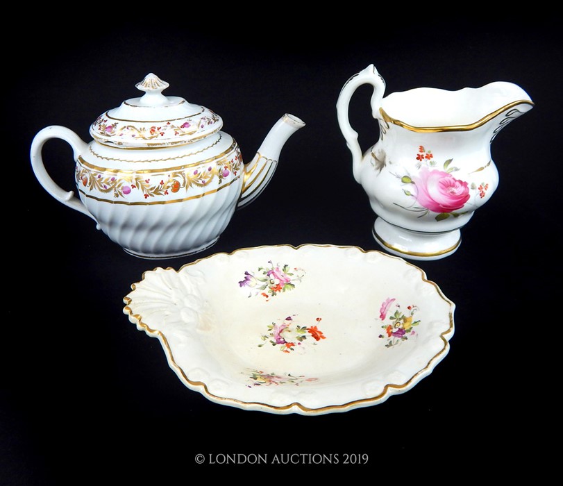 A Victorian Coalport Floral And Gilt Jug And Similar Teapot And Dish.