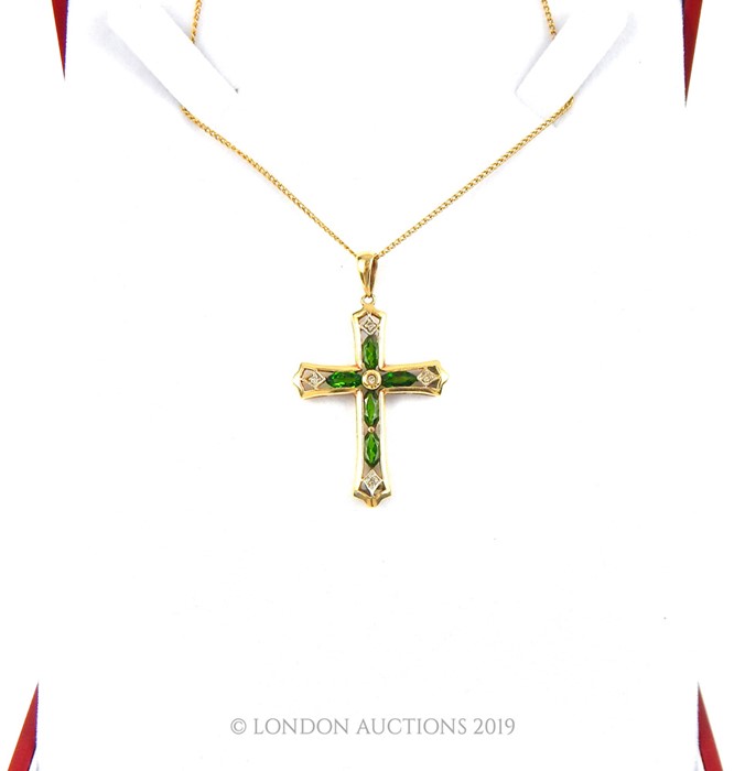 A Vintage 10 Carat Russian Green Dropside Diamond Cross On 9 Carat Chain. - Image 3 of 3