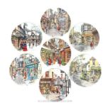 Seven Collectable Royal Doulton Plates Depicting Shopfront Scenes.