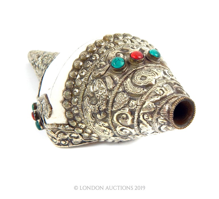 A Tibetan White Metal Inlayed Conch Shell. - Image 2 of 4