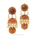 A Pair Of Indian, Gilt And Enamel Coral Earrings.