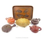 A Collection Of Chinese Teapots And Tray.