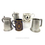 Three Pewter Beer Tankards Plus Two Wedgewood Mugs.