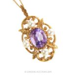 A Vintage 9 Carat Gold Amethyst And Pearl Pendant Necklace.