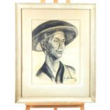 A Large Charcoal Portrait Of An Oriental Man In Traditional Workers Garb By Janet Kennedy