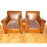 A Pair Of Low Brown Leather Club Chairs.