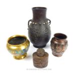 Three Oriental Bronze Vases And A Tea Canister.