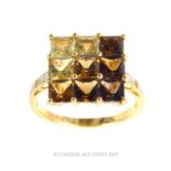 Citrine And Topaz With Diamond Shoulders Ring.