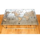 A Contemporary Mirror Topped Coffee Table With A Print Of A World Map