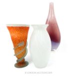 A Lot Of Three Coloured Glass Vases.