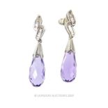 A Pair Of White Gold Diamond And Amethyst Drop Earrings.