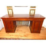 Large Double Length Victorian Mahogany Pedestal Desk With Fine Inlay.