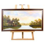 A Framed Oil On Canvas, Pastoral River Scene With Sailing Boat & Cottage.