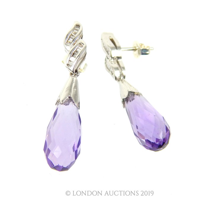 A Pair Of White Gold Diamond And Amethyst Drop Earrings. - Image 2 of 2
