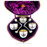 A Cased Set Of Six Victorian Sterling Silver Salts Plus Spoon.