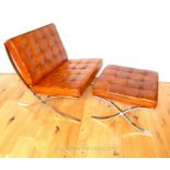 A Brown Leather Barcelona Style Chair With Stool