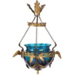 AN EARLY 19TH CENTURY RUSSIAN NEOCLASSICAL COBALT BLUE GLASS AND BRONZE LANTERN.