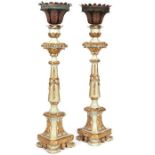 A PAIR OF DECORATIVE 18TH CENTURY ITAILIAN CARVED GILTWOODAND PAINTED PRICKET/CANDLESTICKS.