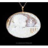 An Oval Neoclassical Carved Shell Cameo With Chain.