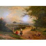 A 19TH CENTURY OIL ON CANVAS FARMYARD SCENE.