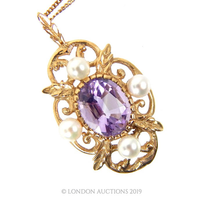 a 9 Carat Gold Amethyst And Pearl Pendant Necklace.