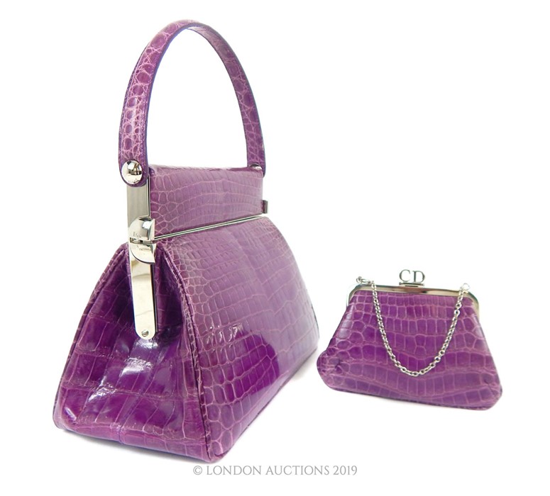 A Purple Crocodile Skin Christian Dior Handbag With Matching Clutch - Image 2 of 3