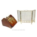 A Brass and Mahogany Victorian Scuttle and a Small Brass Fire Screen.
