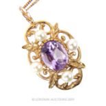 A 9 Carat Gold Amethyst And Pearl Pendant Necklace.