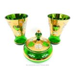 A Quantity Of Green Gilt Bohemian Vases