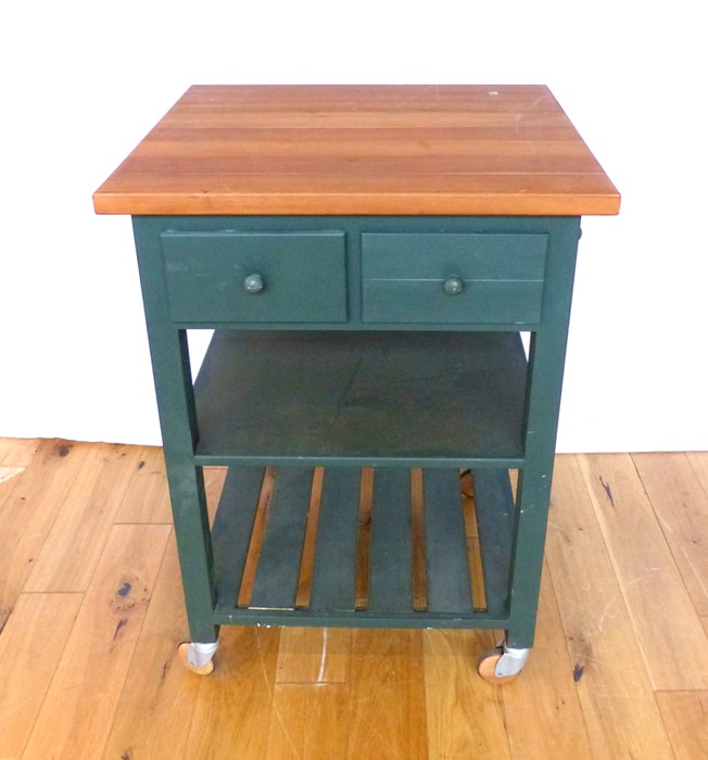 A District Styled Green Small Kitchen Island.