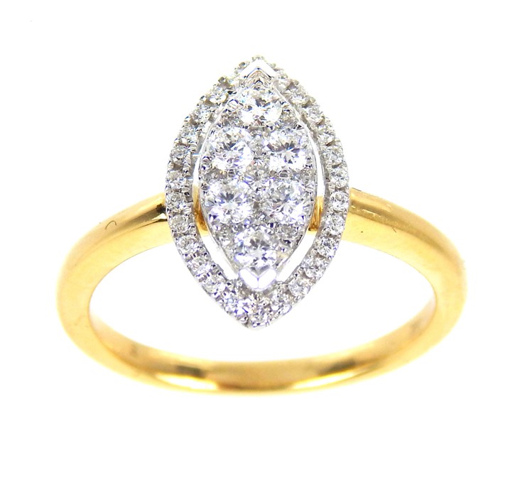 A 18 Carat Yellow Gold Marquise Shaped Diamond Cluster Ring.