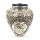 A Hallmarked Persian Silver Late Qajar Vase With Hand Chased Foliate And Fowl Designs
