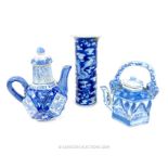 A Circa 1900 Blue And White Vase Plus Two Teapots.