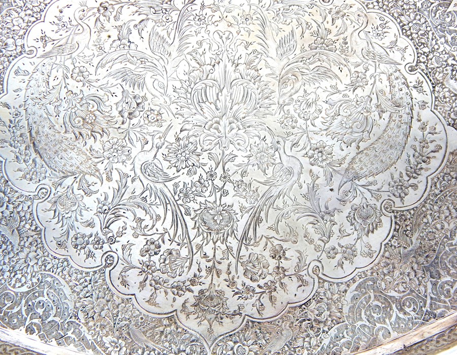 A Continental Hallmarked Silver Qajar Persian Tray With Foliate And Fowl Design - Image 2 of 4