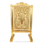 A Late 19th Century French Gilt Fire Screen With Needle Point Removable Panel.