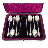 A Cased Set Of Albany Sterling Silver Teaspoons And Sugar Tongs