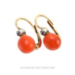 A Set Of Gold, Diamond And Coral Earrings