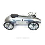 A Silver Metal Ride-On Number 1 Retro Sports Car