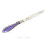 A Sterling Silver Victorian Letter opener With A Purple Enamel Sided Grip