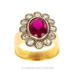 A Thick Banded Yellow Metal/Gold Ring With 42 Rough Cut Diamonds And A Large Round Cut Ruby